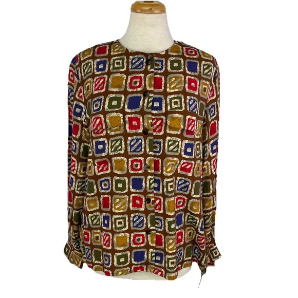 Vtg Evan Picone Sz 14P Button-up 80s NOS Geometric Colorful Blouse Autumn - Picture 1 of 8